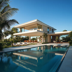 Fototapeta premium Beautiful House with a Sparkling Pool, Luxury Residential Property Featuring Modern Architecture, Outdoor Pool, and Scenic Surroundings