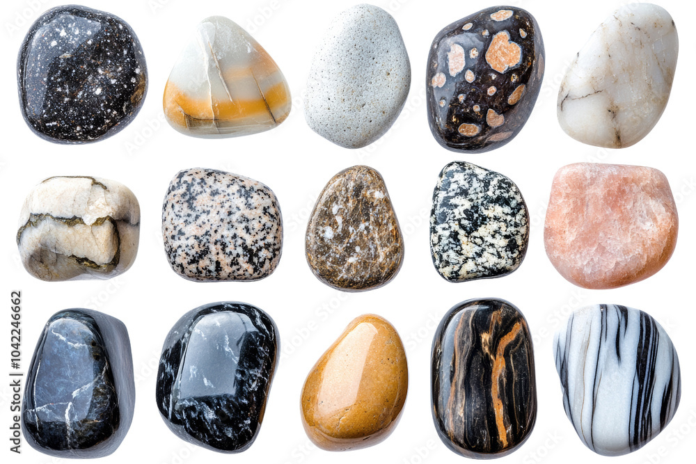 Poster Variety of polished stones with unique textures and colors, displayed,Isolated on transparent background