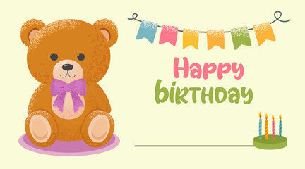 happy birthday card brown teddy bear with pink bow, cake, flags, Happy Birthday inscription, Vector