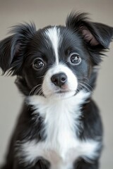 Fototapeta premium Adorable black and white puppy with big eyes sitting against a dark background