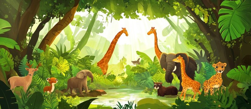 A beautiful illustration of a jungle scene with a variety of animals, including giraffes, elephants, deer, and a cheetah, standing near a small pond.