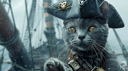 cute cat costume, a russian blue cat with hazel eyes, dressed as a pirate on a stormy ship reminiscent of pirates of the caribbean film-like scene