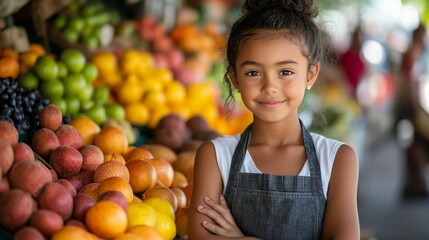 Obraz premium Young girl stands proudly at a vibrant fruit market filled with colorful produce on a sunny day