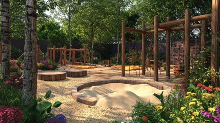 An imaginative play area with wooden climbing frames and sand pits, surrounded by a colorful garden, providing a playful yet natural environment for children.