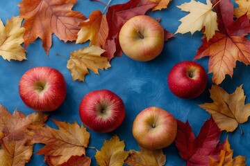 Colorful autumn apples surrounded by vibrant leaves on a textured blue surface in natural light