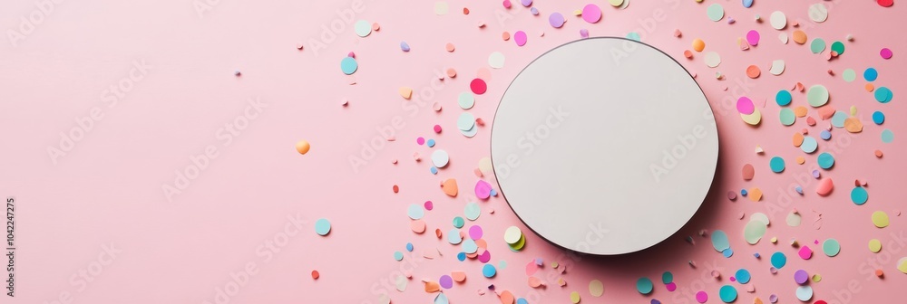 Aufkleber circular mockup frame with confetti on a pink background. fun and creative background for merry chri