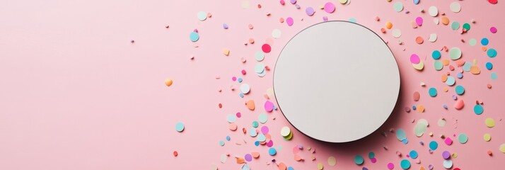 Circular mockup frame with confetti on a pink background. Fun and creative background for Merry Christmas and Happy New Year celebrations.