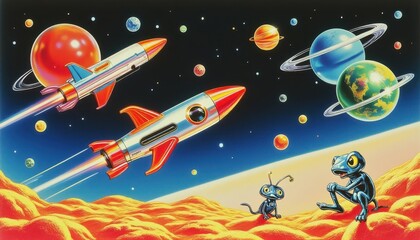 Retro Galactic Adventures: Astronauts and Futuristic Planets
