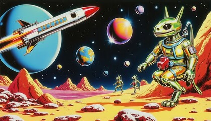 Naklejka premium Vintage Cosmic Adventure: Retro Space and Planet Vector Art