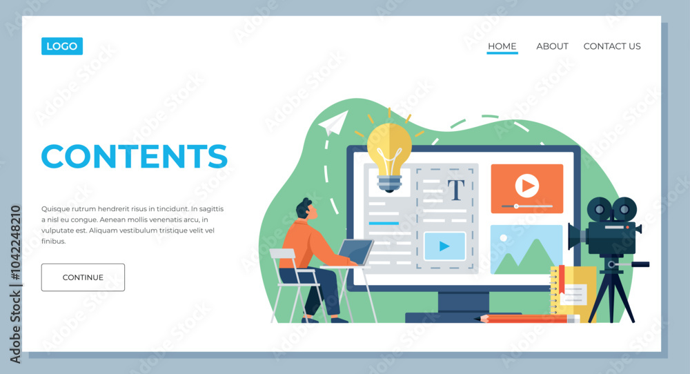 Poster contents landing page template. it specialists working with ads on content marketing web page. busin