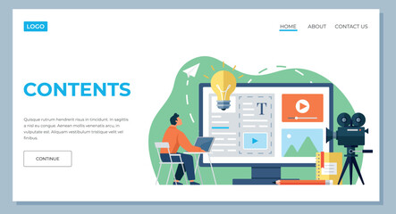 Contents landing page template. IT specialists working with ads on content marketing web page. Business analysis, maintenance strategy and management concept. Creation of website information content
