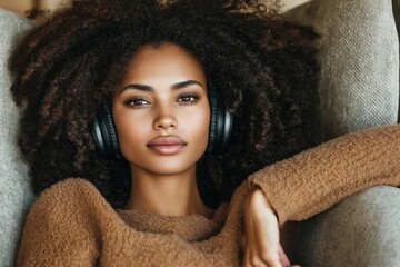A young woman with voluminous curly hair relaxing at home, wearing black headphones and a cozy brown sweater, enjoying her music in a calm and peaceful atmosphere