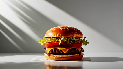 A juicy burger, with a toasted sesame seed bun, crispy lettuce, ripe tomato, melted cheese, and savory beef patty on white background