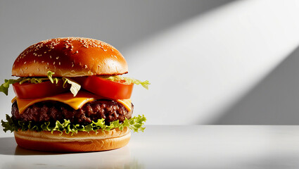 A juicy burger, with a toasted sesame seed bun, crispy lettuce, ripe tomato, melted cheese, and savory beef patty on white background