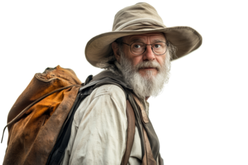 Elderly man with beard and glasses, wearing wide-brim hat and backpack, looking contemplative against,Isolated on transparent background