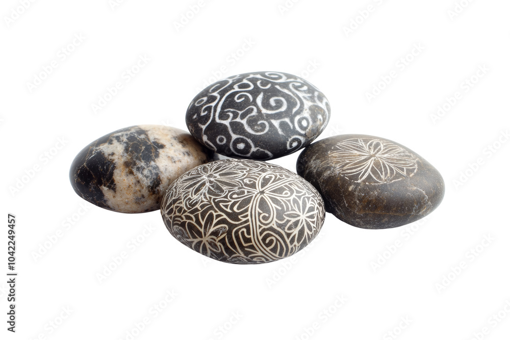 Poster beautifully patterned decorative stones with intricate designs,isolated on transparent background