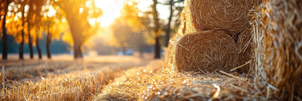 Poster harvested hay stacks gleam under the sunlight, surrounded by colorful autumn trees in a tranquil cou