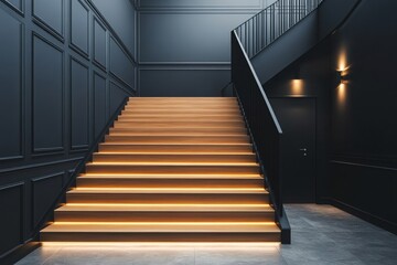 Fototapeta premium Elegant modern staircase with warm lighting in a contemporary interior space at dusk