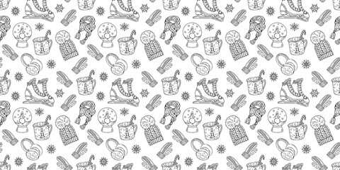 New Year seamless banner paper ribbon with handmade style designs. Hat, gloves, New Year's ball and hot drinks on an isolated white background. Doodle vector illustration.