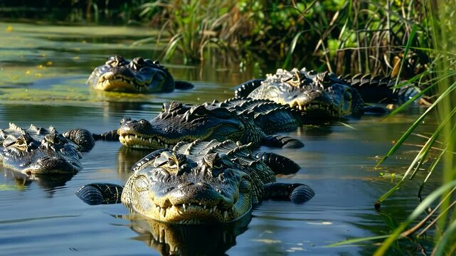 Alligators basking in the sun on a tranquil river in the wetlands