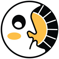 Decorative emblem with moon in Slavic folk art style. Isolated half moon symbol with sad face. Half moon icon with geometric pattern representing the sun. Vector illustration.