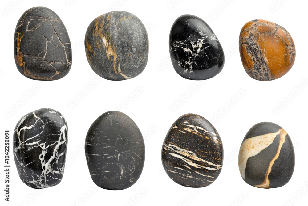 Poster Collection of smooth, polished stones displaying unique patterns,Isolated on transparent background