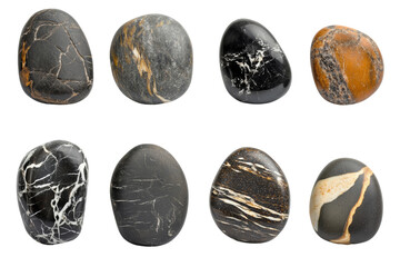 Collection of smooth, polished stones displaying unique patterns,Isolated on transparent background