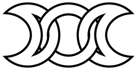 Obraz premium Occult wiccan symbol of triune goddess - ornament, ligature of three moons in Celtic motif. Line art icon, linear sign of intertwining moons. Symbolic image of lunar cycle. Vector illustration.