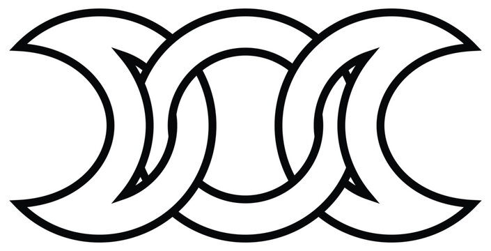 Occult wiccan symbol of triune goddess - ornament, ligature of three moons in Celtic motif. Line art icon, linear sign of intertwining moons. Symbolic image of lunar cycle. Vector illustration.