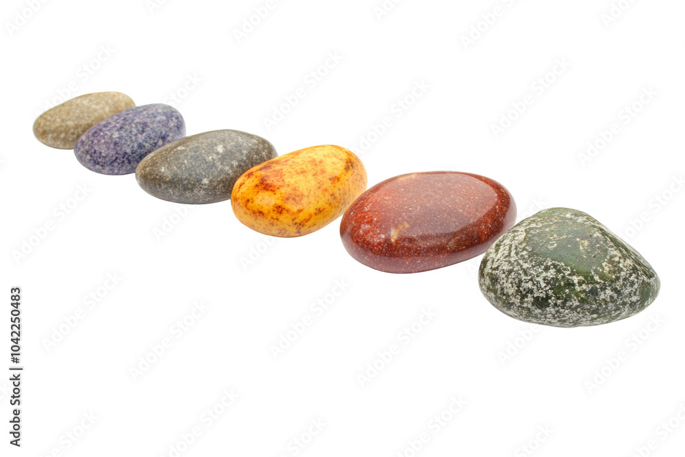 Poster colorful polished stones arranged in line, displaying unique textures and hues against,isolated on t
