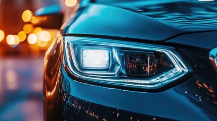 A close-up view of a car's headlight, emphasizing its sleek design and brightness.