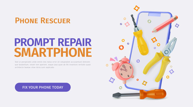 3d Smartphone Prompt Fix and Repair Service Concept Ads Banner Promotion Poster Card. Vector illustration of Renovation Gadget