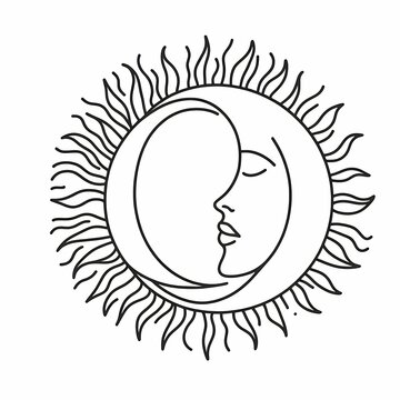 recommend clip art: Minimalist line art of the sun and moon combined, featuring a serene face with closed eyes, symbolizing balance, harmony, and celestial beauty.
                    