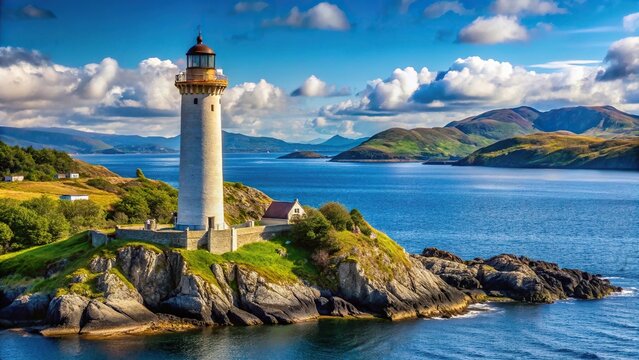 Reflected Tarbert Lighthouse on the coast of the sea