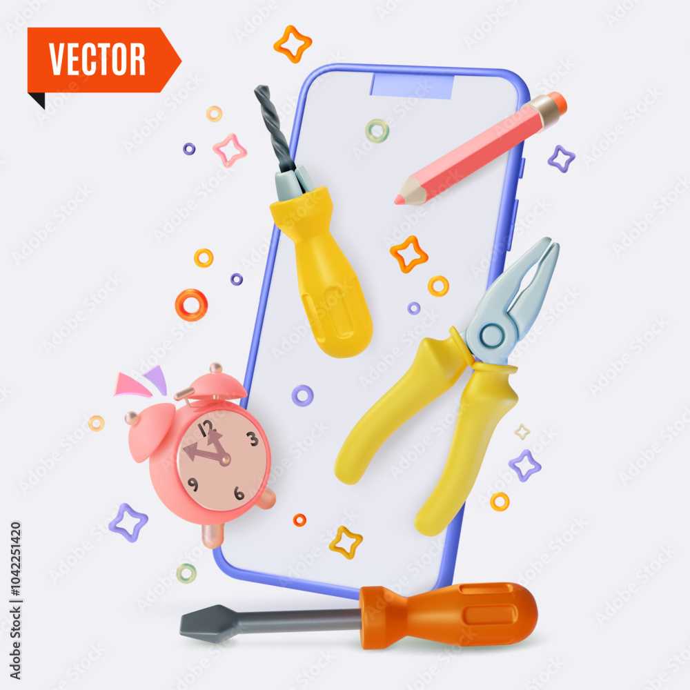 Wall mural 3d Smartphone Prompt Fix and Repair Service Concept Background Cartoon Design Style. Vector illustration of Renovation Gadget