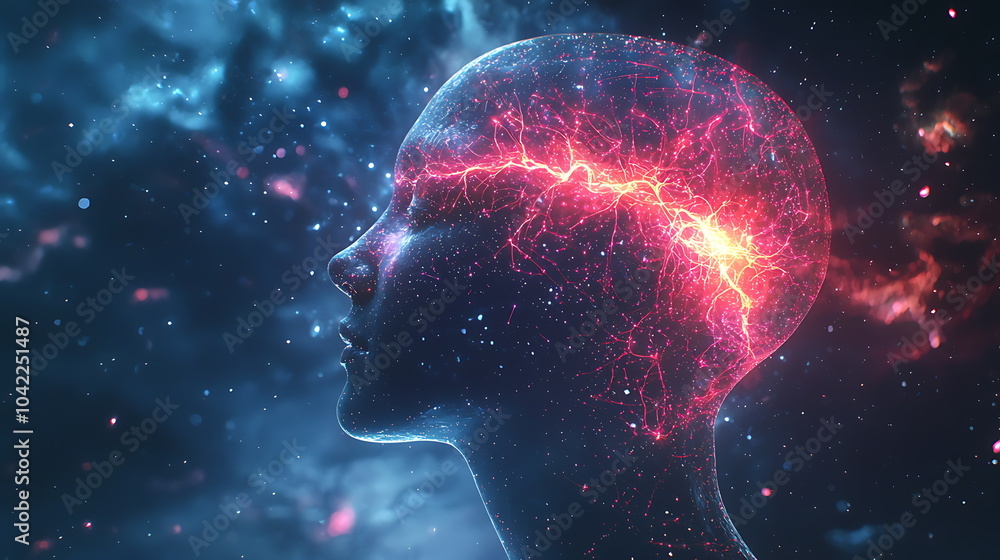 Aufkleber exploring the abstract representation of a human head illuminated by energy connections in a cosmic 