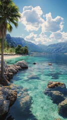 Obraz premium Serene tropical beach with clear turquoise waters and lush palm trees on a sunny day
