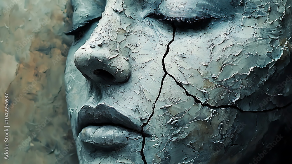 Poster artistic depiction of a cracked face evoking deep emotions and human vulnerability through unique te