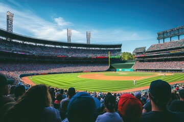 view of mlb baseball stadium with sold out crowd on a sunny day 