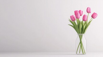 A beautiful arrangement of pink tulips in a clear vase on a minimalist background