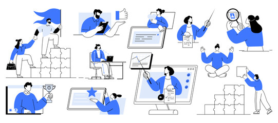 Various professionals engaging in activities like project planning, online meetings, data analysis, and goal setting. Ideal for business strategy, teamwork, productivity, leadership, digital