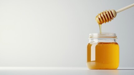 Golden honey dripping from a wooden dipper into a jar capturing the essence of natural sweetness