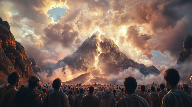 Dramatic biblical scene of moses and the ten commandments on mount sinai