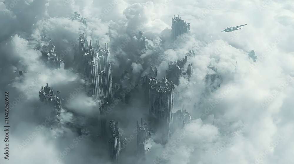 Poster a futuristic cityscape emerges from the clouds blending nature and technology in an awe-inspiring vi