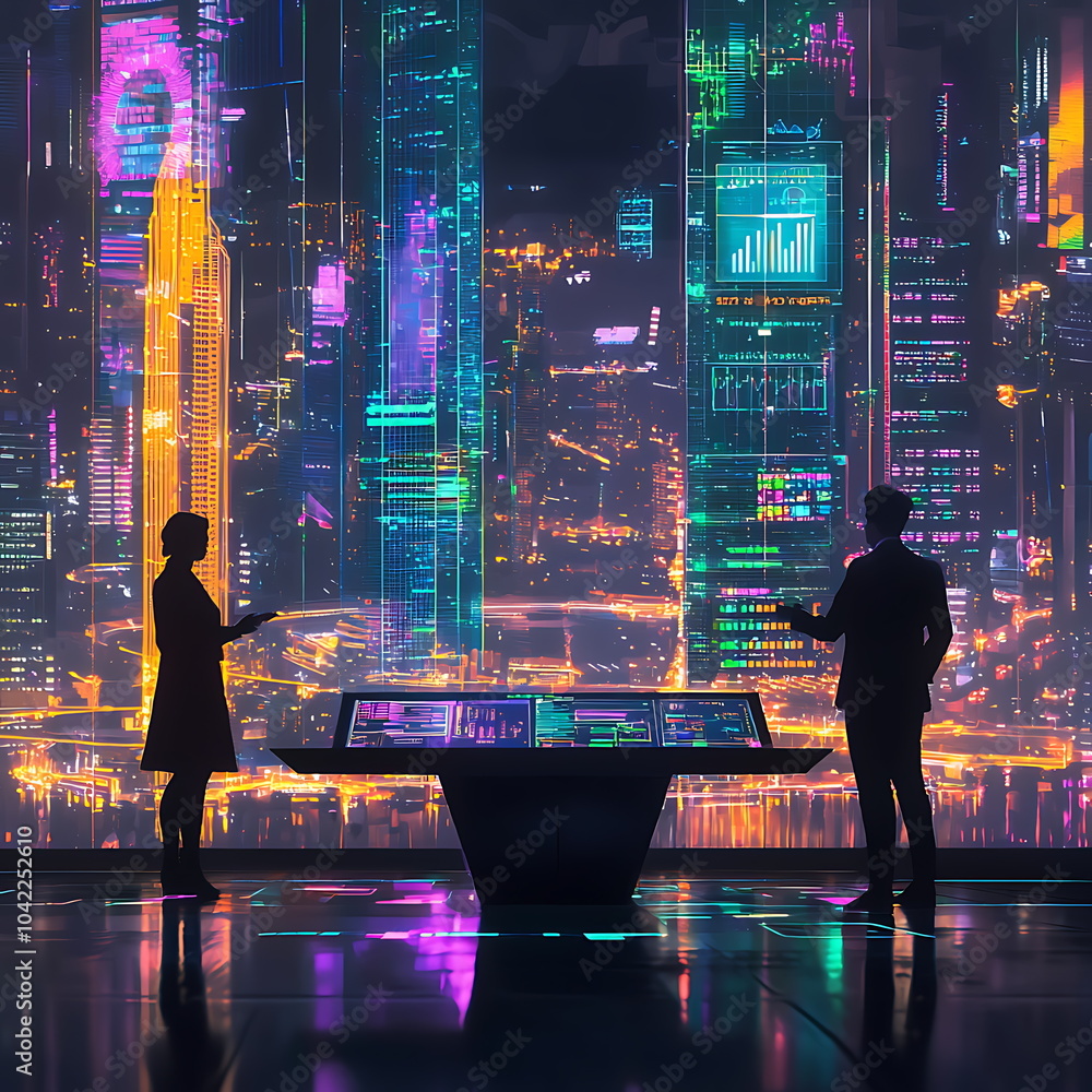 Poster exploring the future business professionals analyzing data amidst a vibrant futuristic cityscape wit