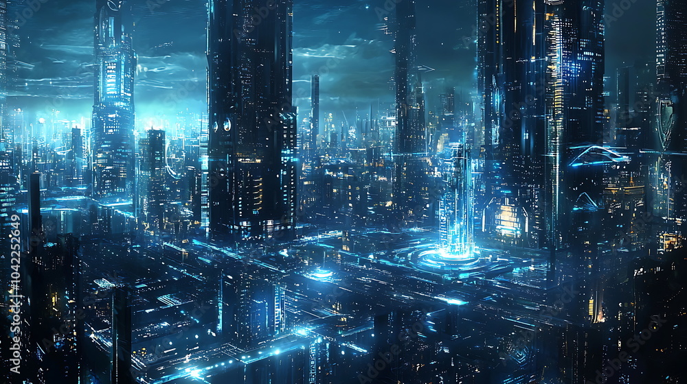 Poster exploring the luminescent horizons of a futuristic cityscape adorned with neon lights and towering s
