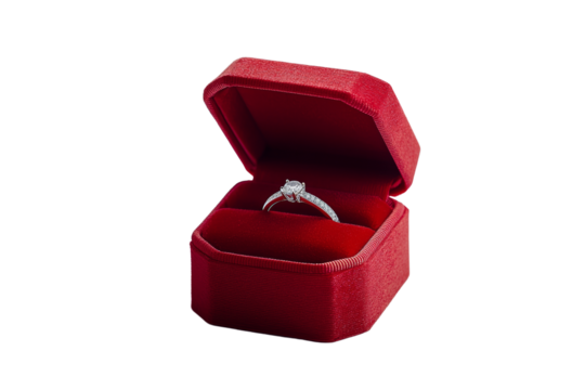 Elegant diamond ring in luxurious red velvet box, perfect for special occasions and engagements,Isolated on transparent background