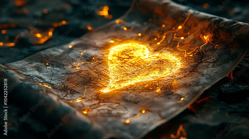 Poster Illuminated heart symbol amidst the charred map texture signifying passion and resilience in a unique artistic representation