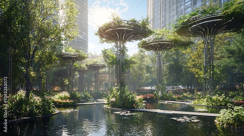 Poster innovative urban oasis a harmonious integration of nature and technology in a city park setting