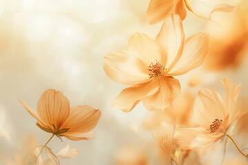Obraz premium white flower background, light orange flowers floating in the air, light white and soft orange styles, dreamy atmosphere